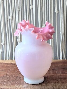 Antique 7" Hand Blown Bristol Glass Vase - Pink Ruffled Rim, Milk Glass
